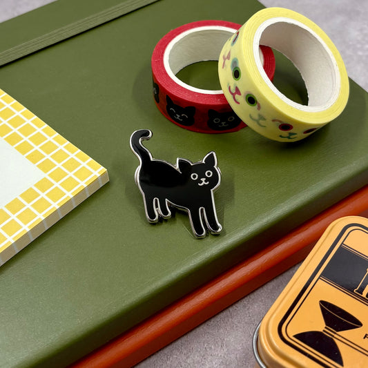 Black cat pin next to two rolls of decorative tape on a green surface